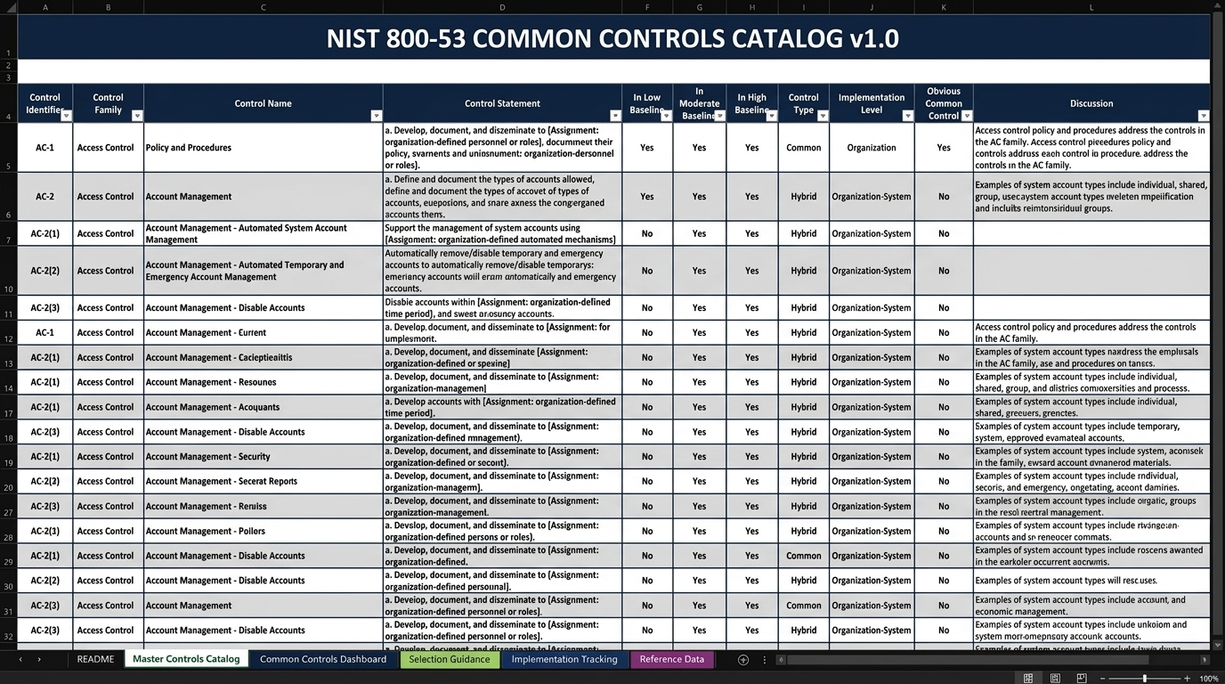 NIST 800-53 Common Controls Catalog Excel Dashboard Preview